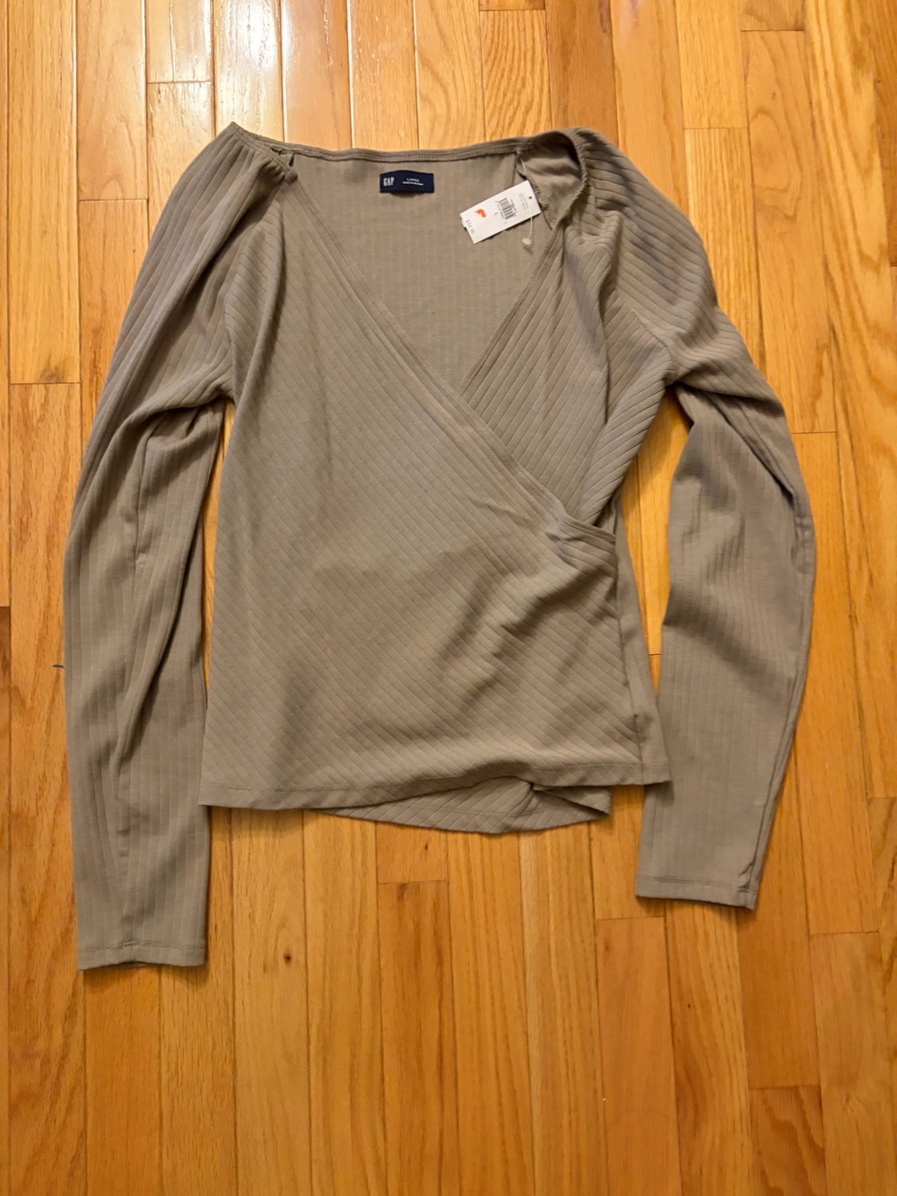 Gap light brown Ribbed Faux-Wrap Long Sleeve Top - Taupe